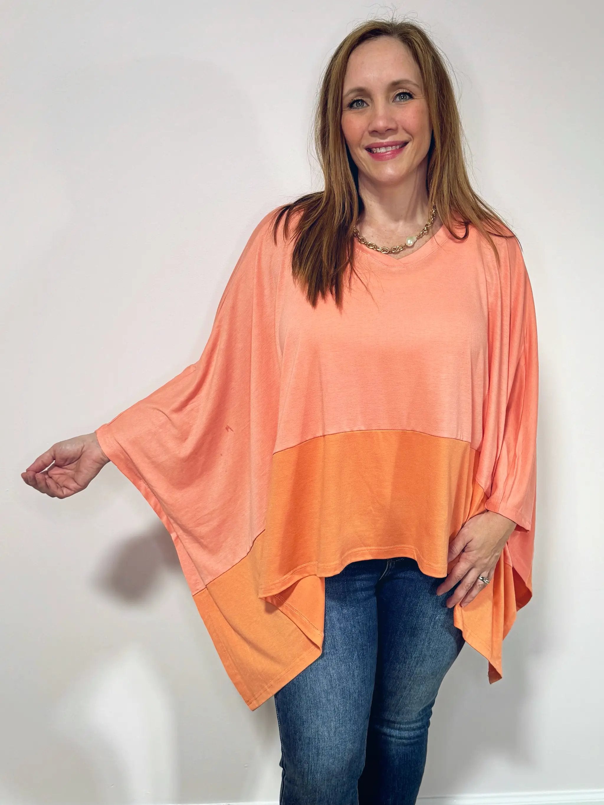 Grateful Threads Boutique Grapefruit Orange Contrast Color Patchwork Oversized Side Split Top - Clothing Tops