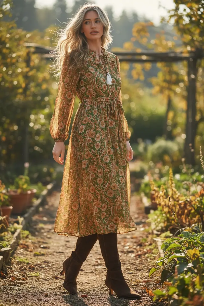 &MERCI Golden Grove Tassel Belted Midi Dress – Olive Floral - Dresses