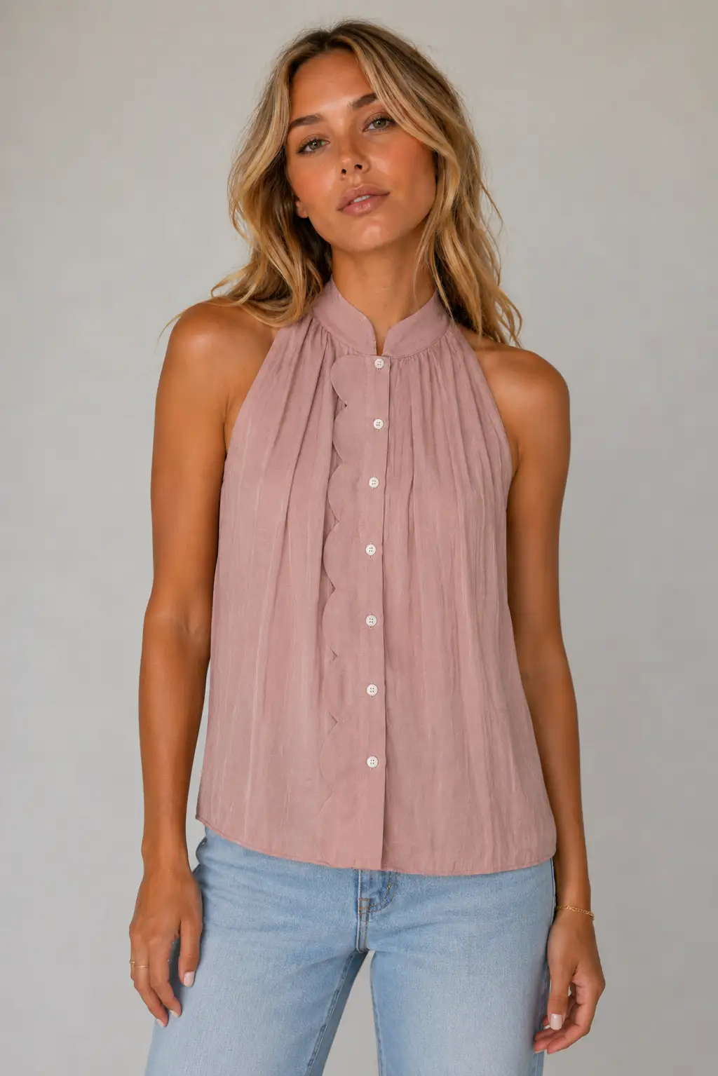 Naked Zebra The Scallop-trim Button Up Sleeveless Top: Tortilla - Blouses
