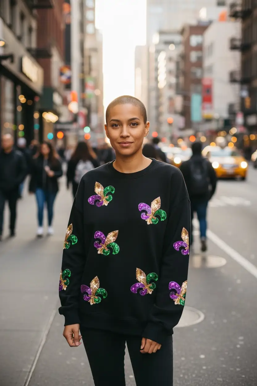 1 the Woman Sequin Mardi Gras Graphic Pullover Sweatshirt - Sweatshirts