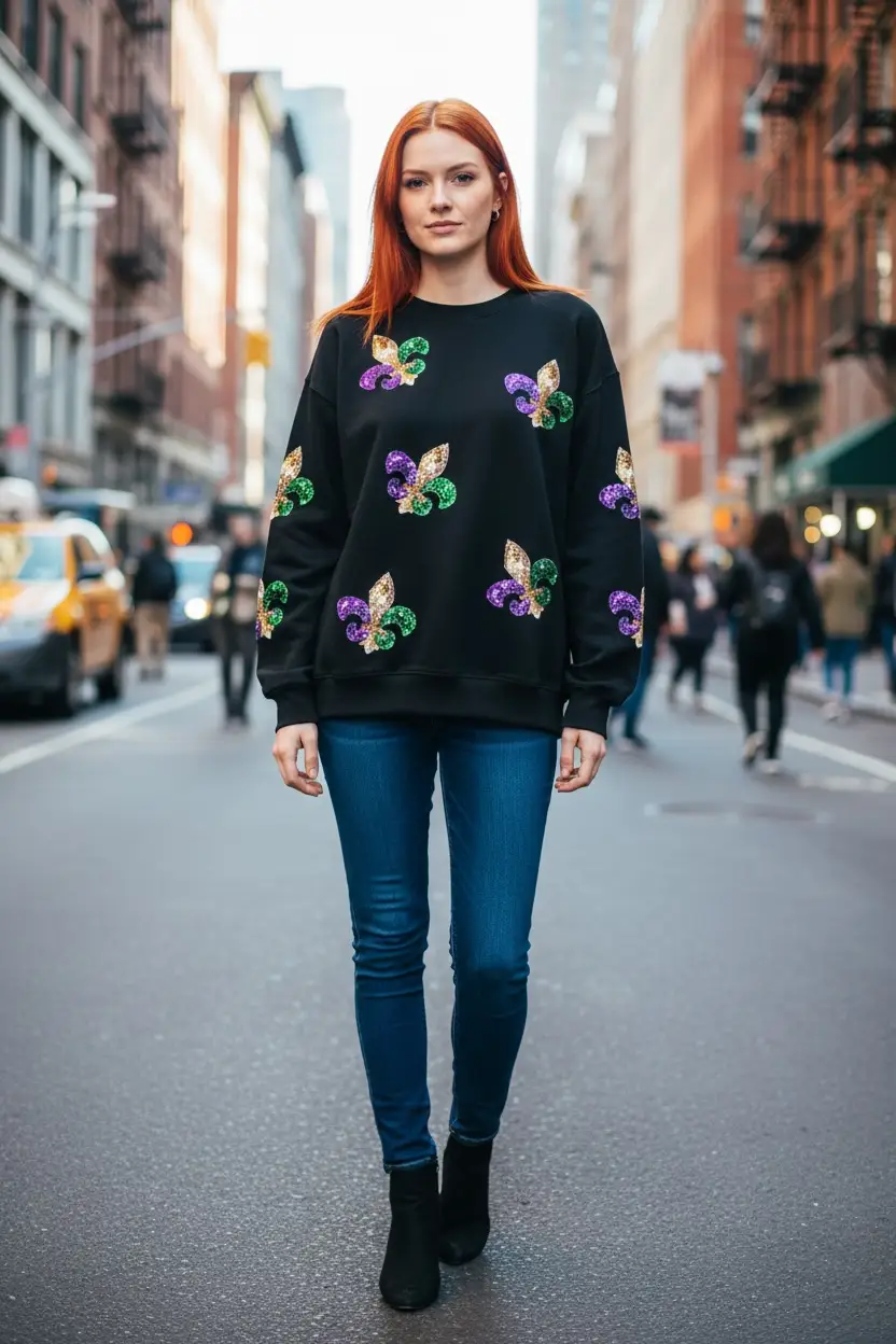 1 the Woman Sequin Mardi Gras Graphic Pullover Sweatshirt - Sweatshirts