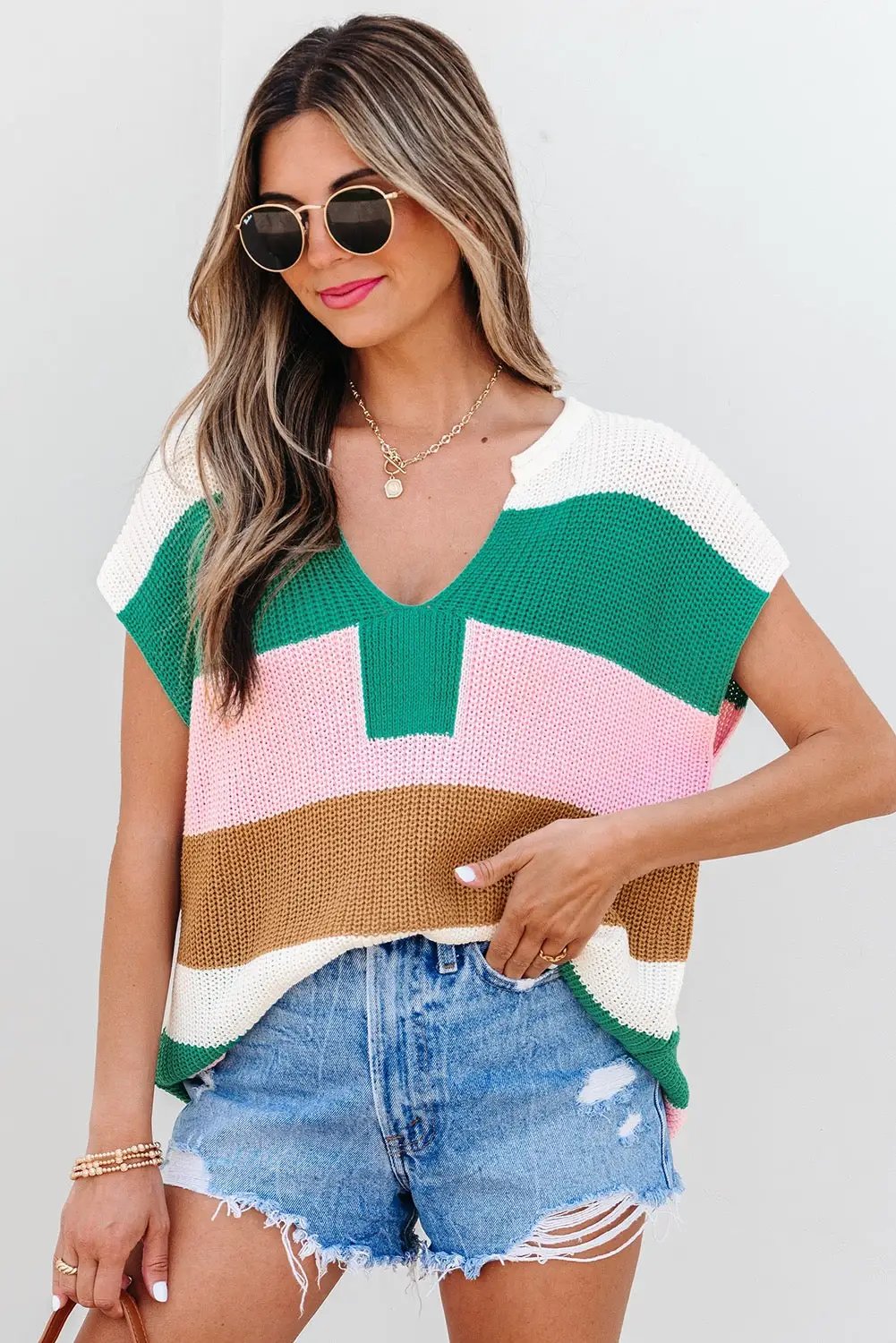 Grateful Threads Boutique Desert Rose Colorblock Notch V-Neck Sweater Top - T-Shirts Multicolor Color Block Notch V Neck Sweater T Shirt