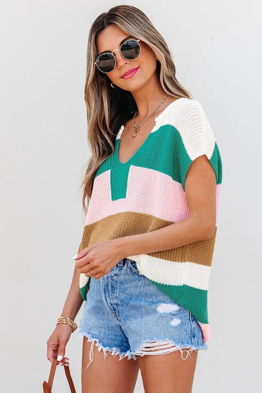 Grateful Threads Boutique Desert Rose Colorblock Notch V-Neck Sweater Top - T-Shirts Multicolor Color Block Notch V Neck Sweater T Shirt