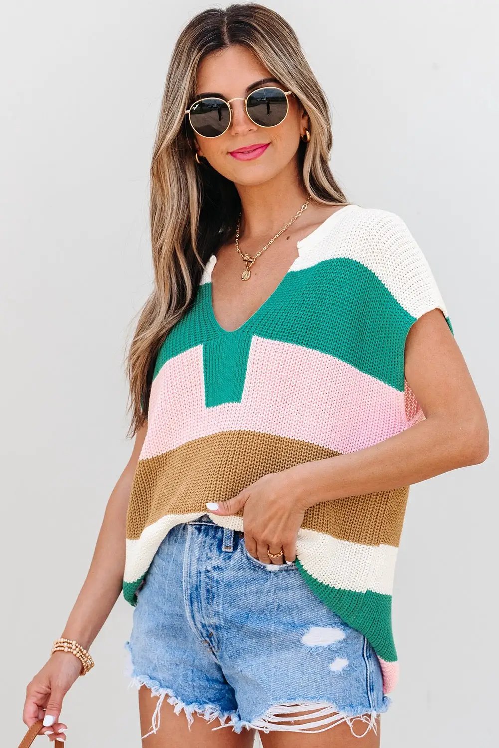 Grateful Threads Boutique Desert Rose Colorblock Notch V-Neck Sweater Top - T-Shirts Multicolor Color Block Notch V Neck Sweater T Shirt