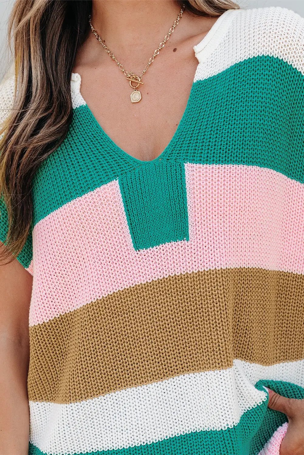 Grateful Threads Boutique Desert Rose Colorblock Notch V-Neck Sweater Top - T-Shirts Multicolor Color Block Notch V Neck Sweater T Shirt