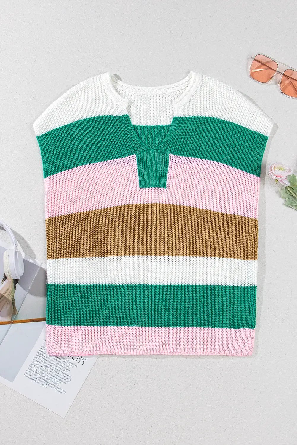 Grateful Threads Boutique Desert Rose Colorblock Notch V-Neck Sweater Top - T-Shirts Multicolor Color Block Notch V Neck Sweater T Shirt