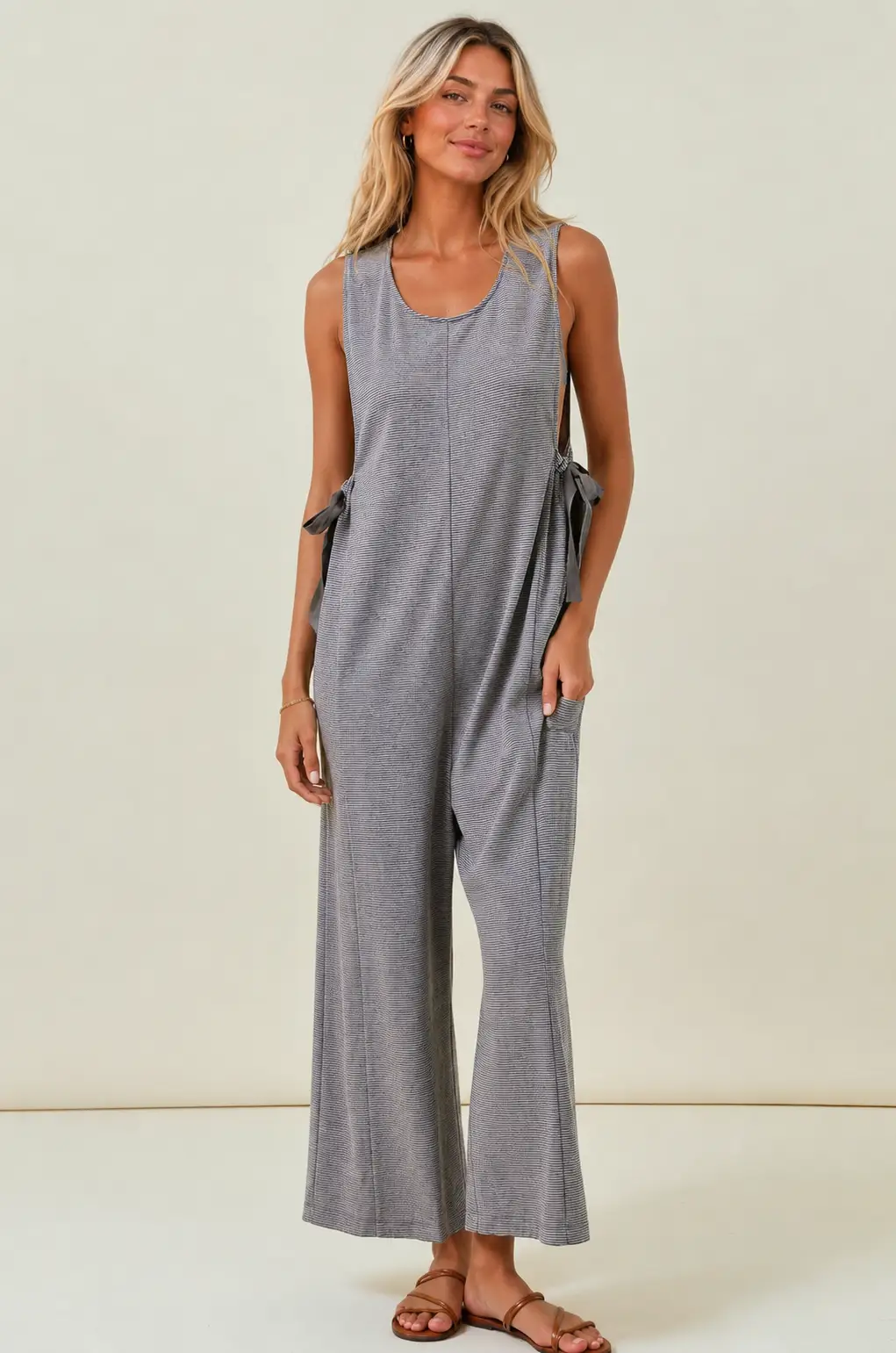 Doe and Rae The Driftwood Stripe Buttery Soft Ribbon Tie Jumpsuit - One-Pieces