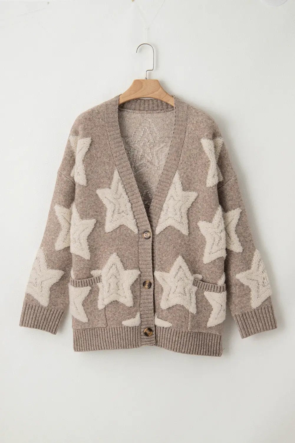 Grateful Threads Boutique Starlight Sherpa Cardigan - Cardigans Khaki Sherpa Star Pattern Textured Sweater Cardigan with Pockets