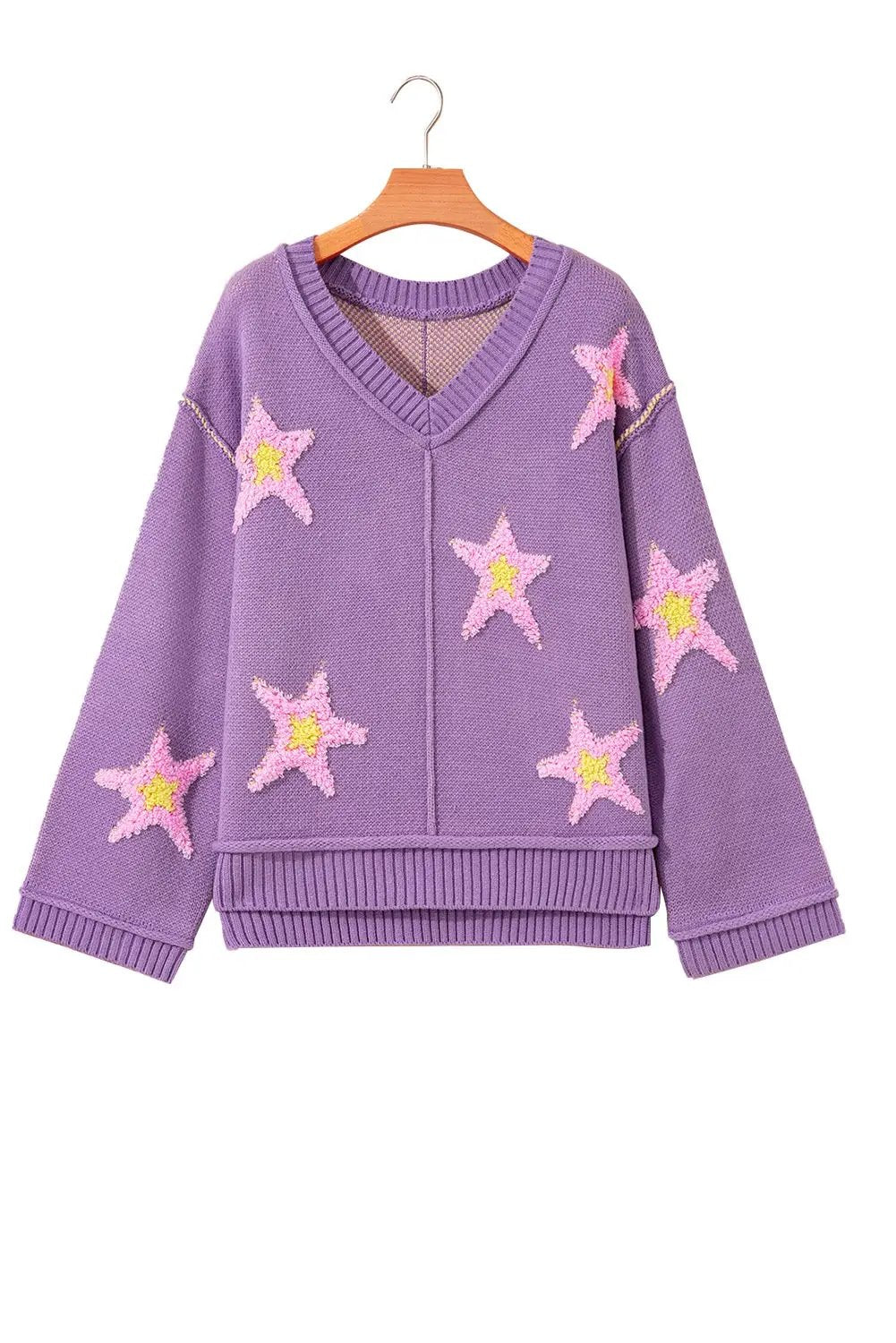 Grateful Threads Boutique Lavender Brushed Star Graphic V-Neck Drop Shoulder Oversize Sweater - Sweaters Lavender Brushed Star Graphic V-Neck Drop Shoulder Oversize Sweater