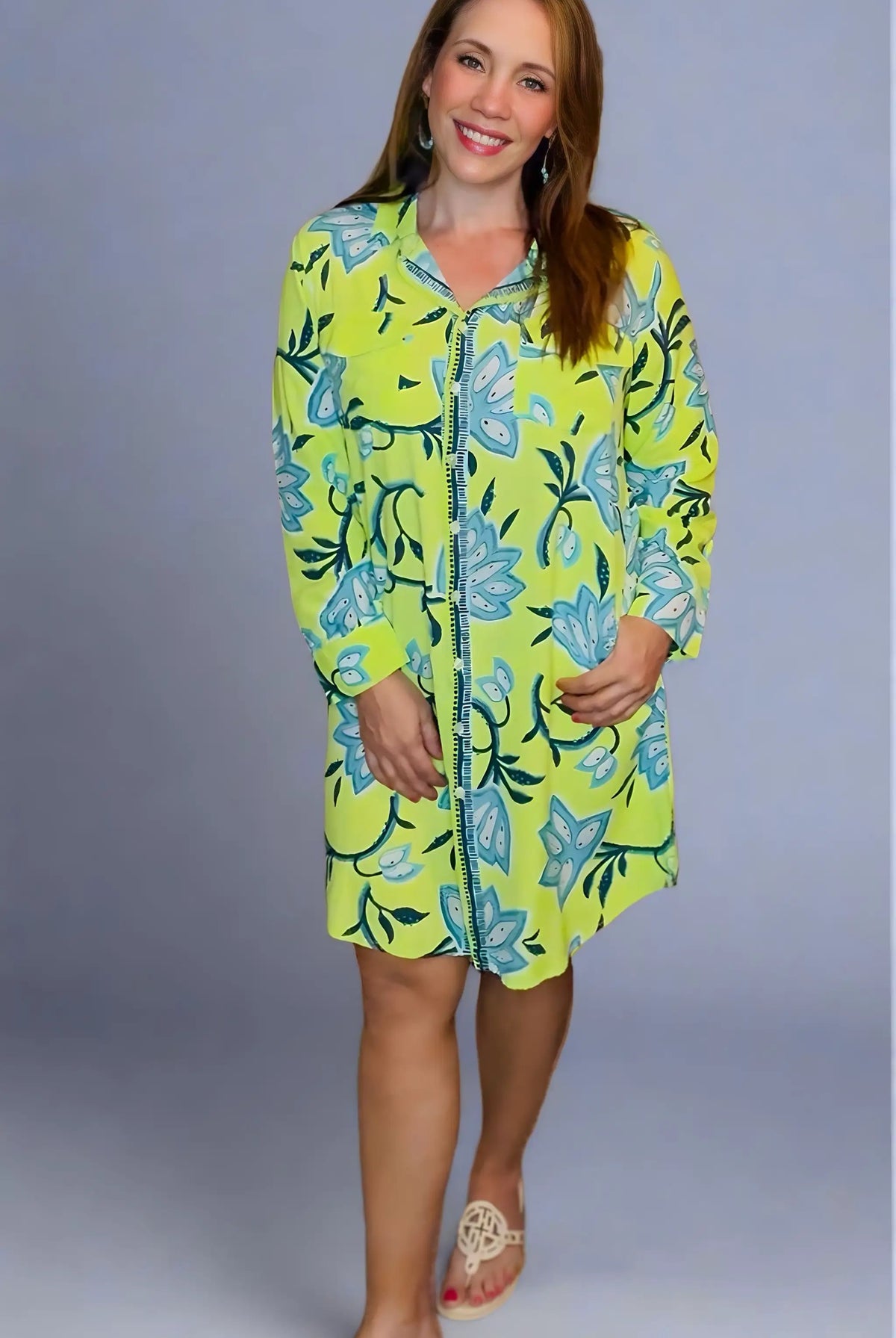 Avani Del Amour Avani Del Amour Lime Green Dancing Flower Long Sleeve Missy Shirt Dress - Dresses