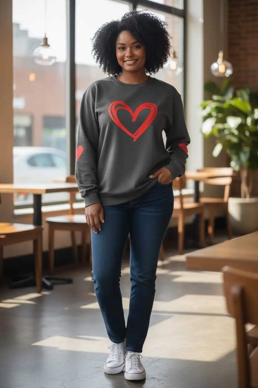 Grateful Threads Boutique Heartfelt Everyday Love Sweatshirt – Charcoal with Red Heart - Sweatshirts