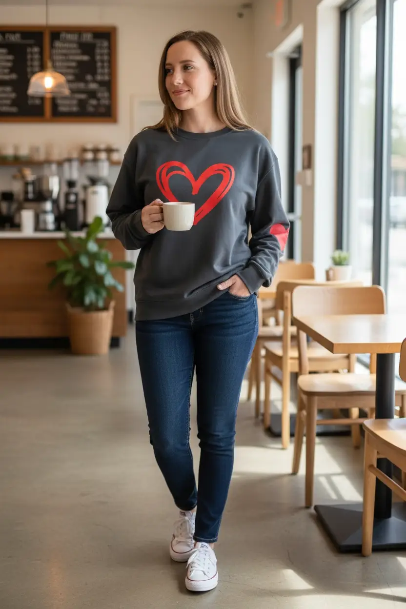 Grateful Threads Boutique Heartfelt Everyday Love Sweatshirt – Charcoal with Red Heart - Sweatshirts