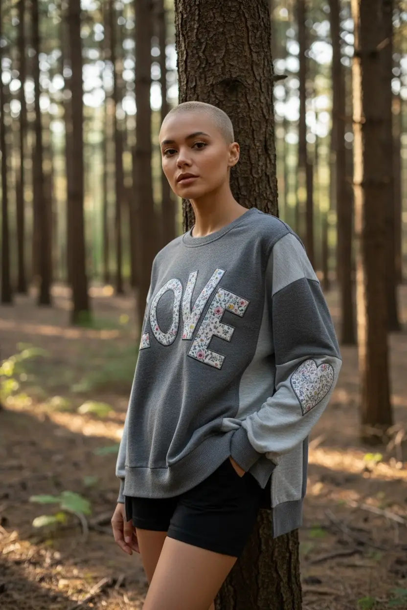 Grateful Threads Boutique Love in Bloom Patchwork Sweatshirt - Sweatshirts Dark Gray LOVE Valentine Graphic Exposed Seam Patchwork Uneven Hem Chic Sweatshirt
