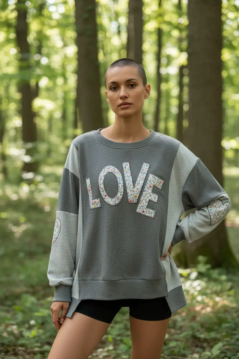 Grateful Threads Boutique Love in Bloom Patchwork Sweatshirt - Sweatshirts Dark Gray LOVE Valentine Graphic Exposed Seam Patchwork Uneven Hem Chic Sweatshirt