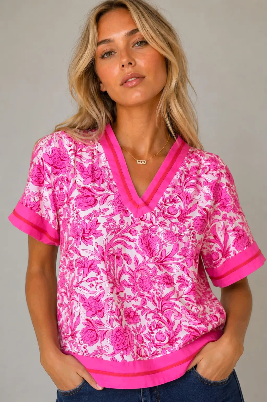 Doe and Rae The Petal Parade Contrast Floral Top - Blouses