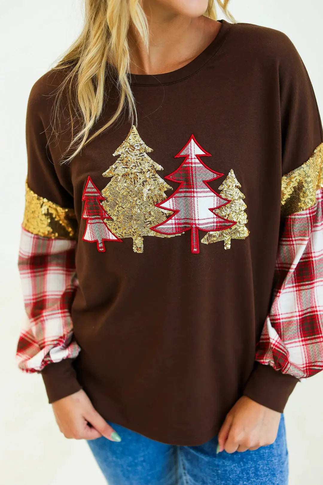 Grace & Emma The Brown Plaid Christmas Tree Top - Sweaters