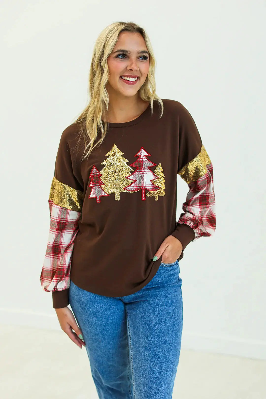Grace & Emma The Brown Plaid Christmas Tree Top - Sweaters