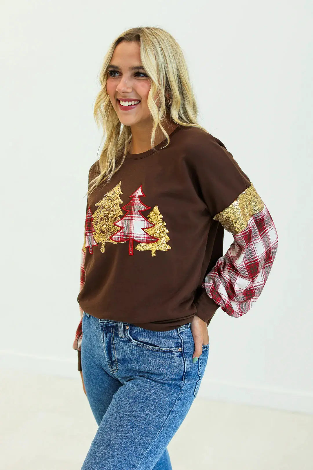 Grace & Emma The Brown Plaid Christmas Tree Top - Sweaters
