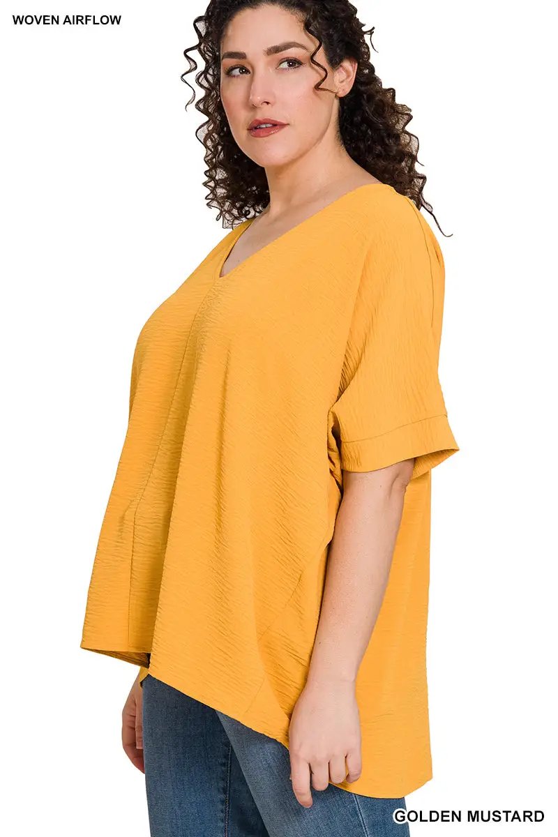 Zenana Zenana Plus Woven Airflow V-Neck Dolman Short Sleeve Top - Blouses Plus Woven Airflow V-Neck Dolman Short Sleeve Top