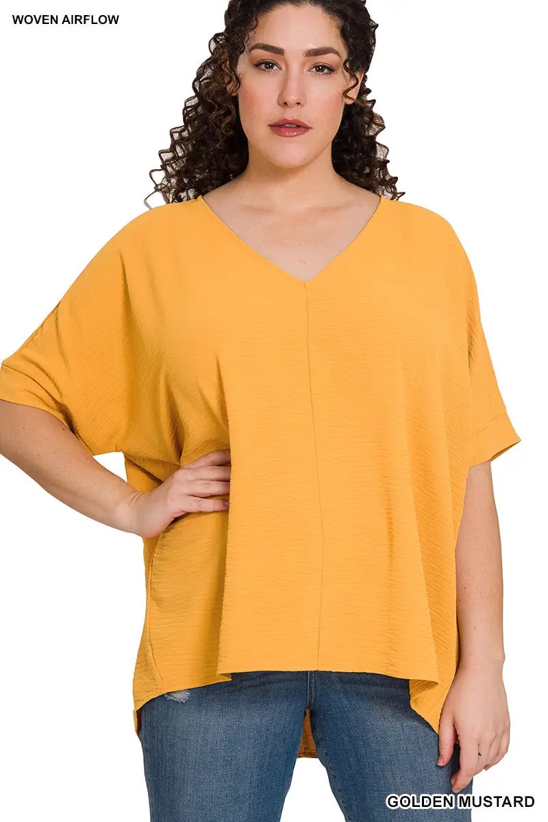 Zenana Zenana Plus Woven Airflow V-Neck Dolman Short Sleeve Top - Blouses Plus Woven Airflow V-Neck Dolman Short Sleeve Top