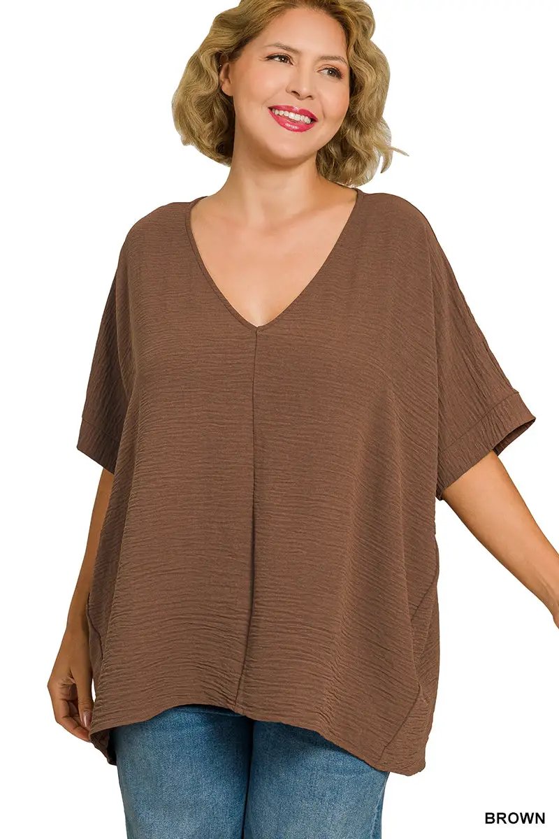 Zenana Zenana Plus Woven Airflow V-Neck Dolman Short Sleeve Top - Blouses Plus Woven Airflow V-Neck Dolman Short Sleeve Top