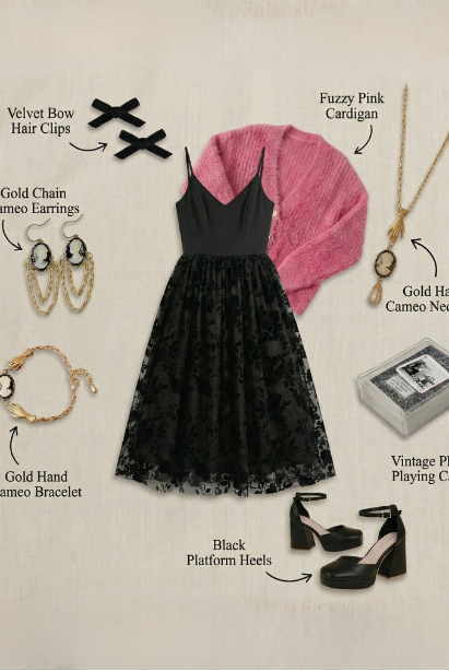 The Social Life outfit set by Grateful Threads Boutique: black lace dress with pink fuzzy cardigan and gold accessories