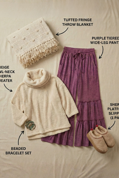 The Relaxed Luxury loungewear set, 5-item by Grateful Threads Boutique: beige sherpa sweater, purple tiered pants.