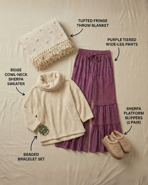 The Relaxed Luxury loungewear set, 5-item by Grateful Threads Boutique: beige sherpa sweater, purple tiered pants.