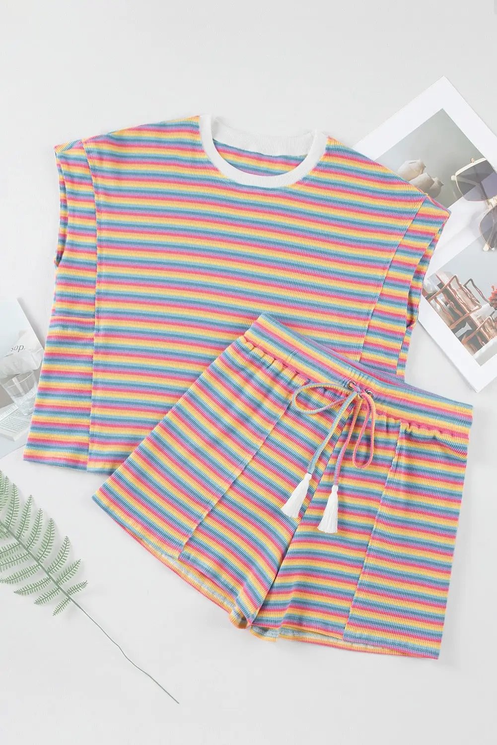 Grateful Threads Boutique Summer Stripes Lounge Set – Tee & Tassel Shorts - Outfit Sets