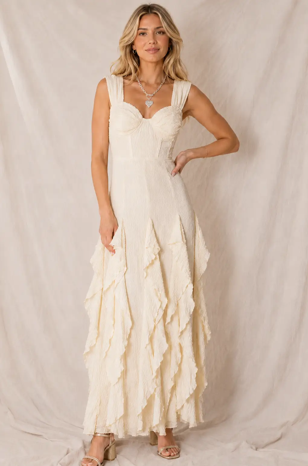 En Crème The Moonlight Waltz Maxi Dress - Dresses Ivory Sleeveless ruffle maxi dress