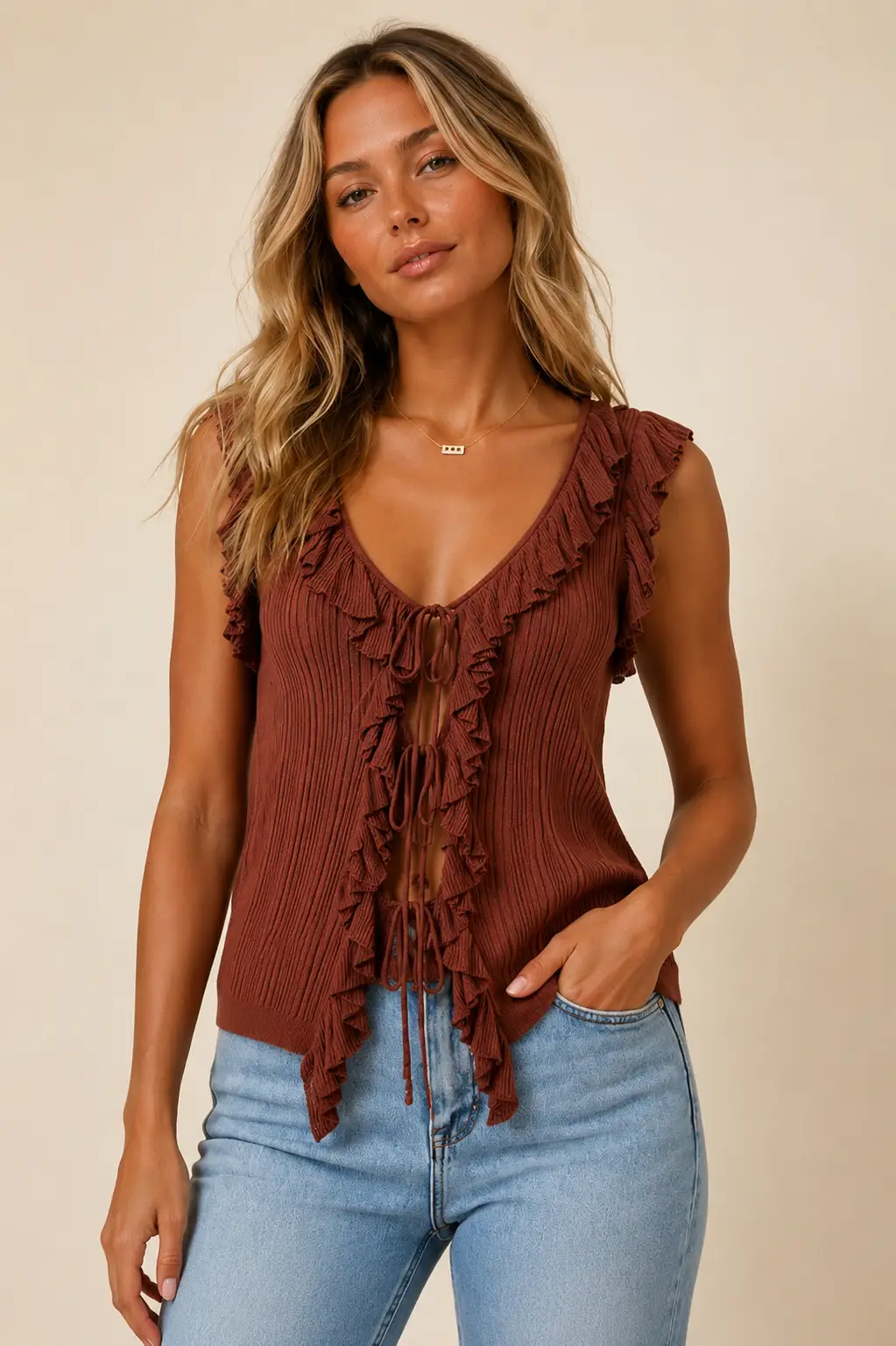 Doe and Rae The Terracotta Ruffle Tie-Front Ribbed Tank - Tank Tops