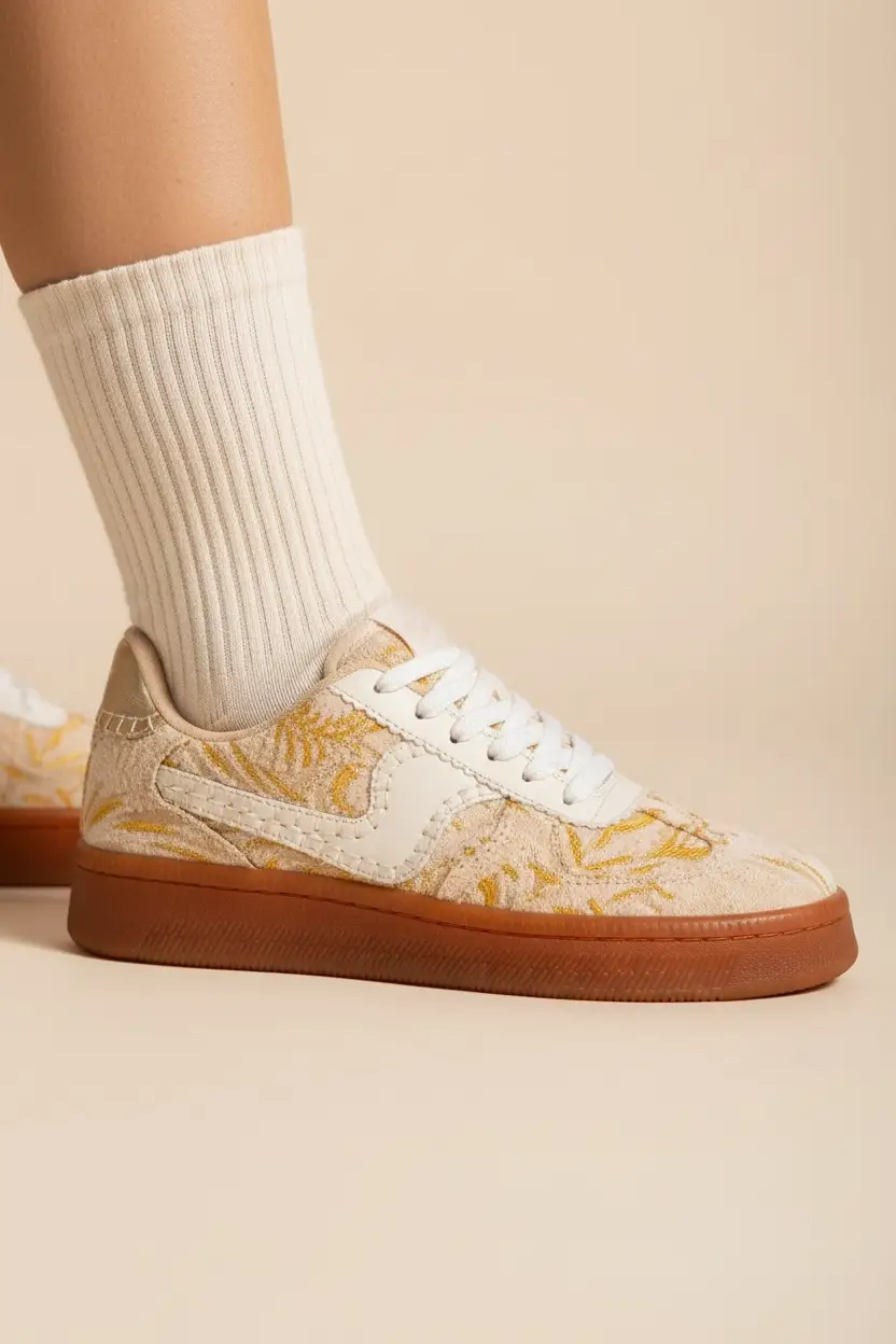 Maker's Shoes Maker's Shoes - Gold Lena Embroidered Fashion Sneakers with Pearl Bow Charms - Sneakers