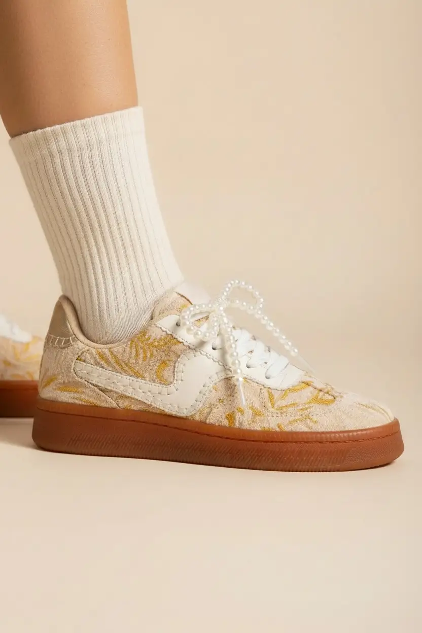 Maker's Shoes Maker's Shoes - Gold Lena Embroidered Fashion Sneakers with Pearl Bow Charms - Sneakers