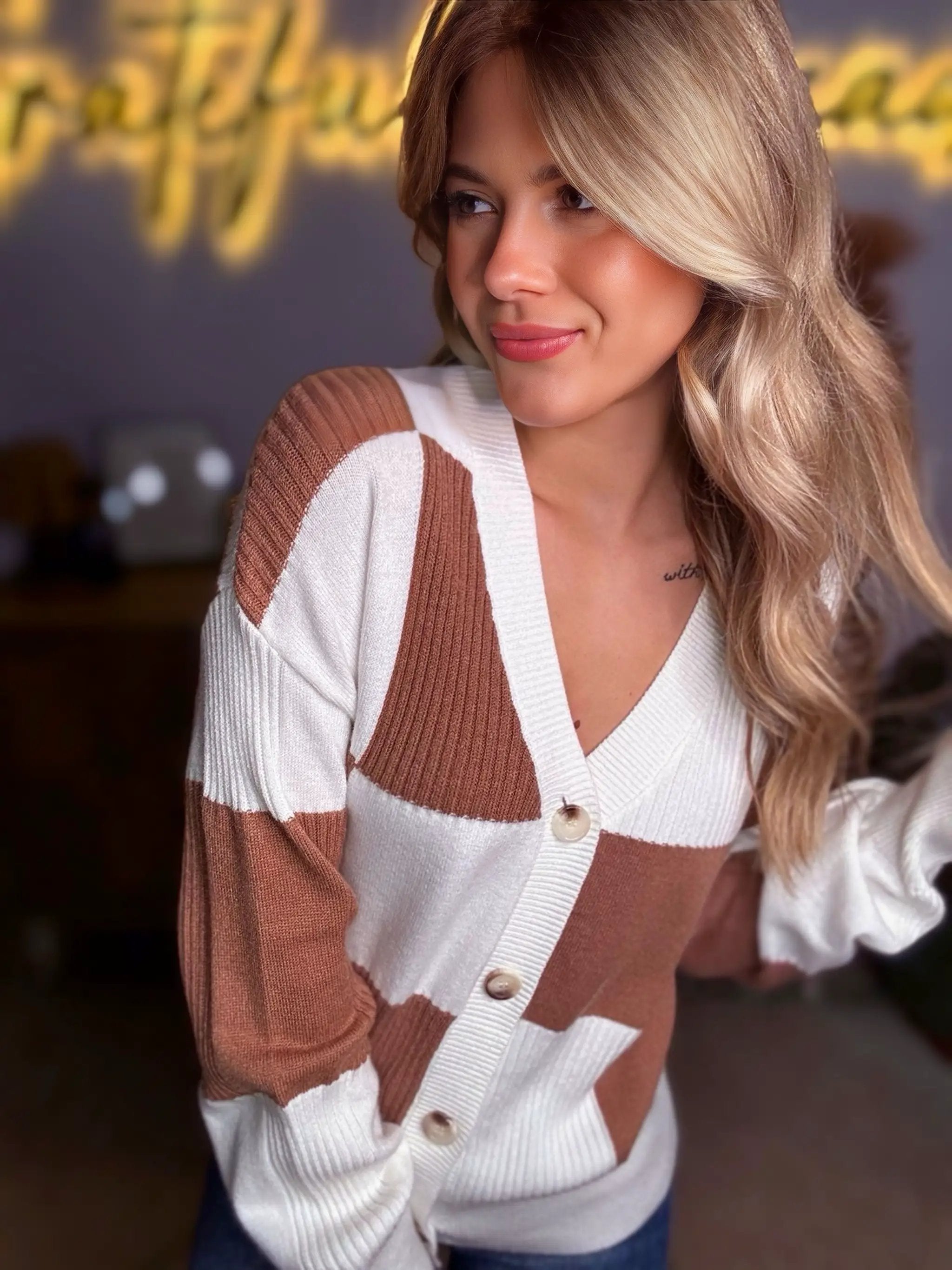 Grateful Threads Boutique Mocha Checkered Pattern Ribbed Detail Button V-Neck Sweater Cardigan - Cardigans Khaki Checkered Pattern Ribbed Detail Button V Neck Sweater Cardigan