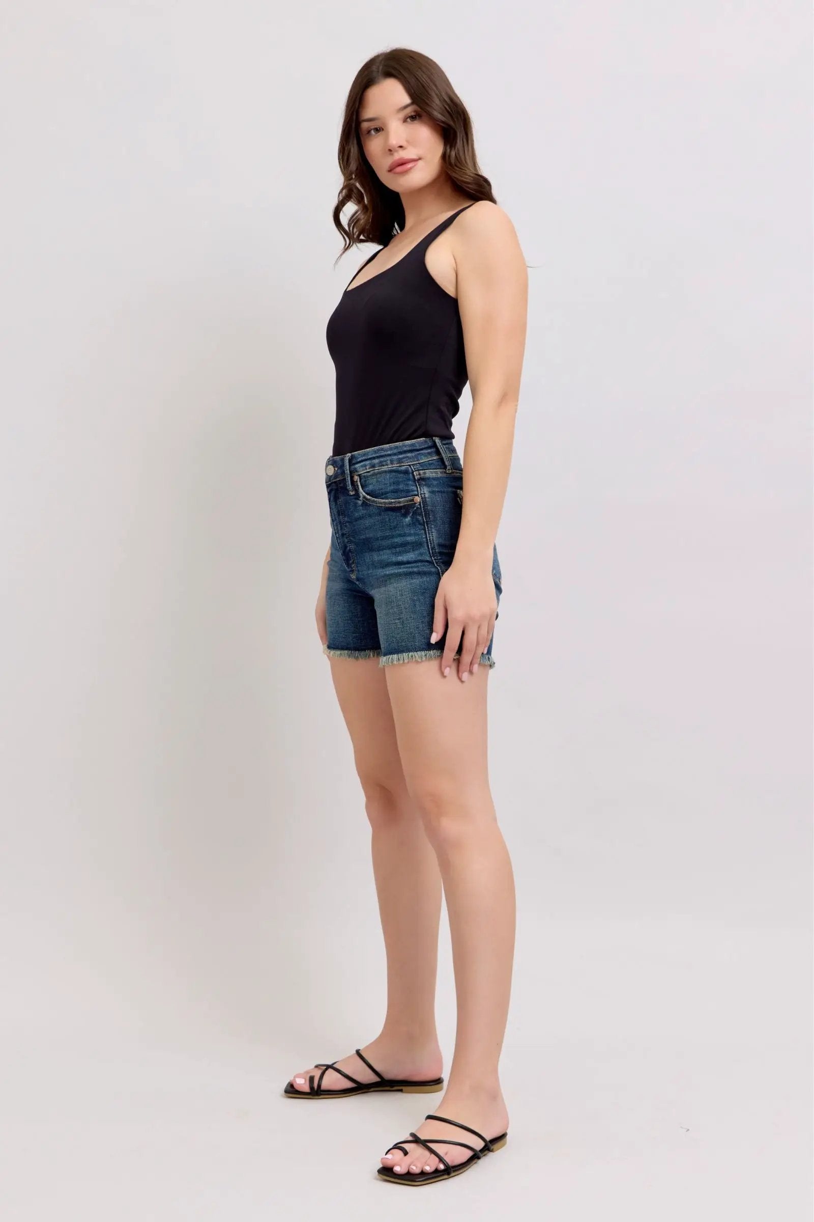 Judy Blue Judy Blue High Waist Tummy Control Fray Hem & Shield Back Pocket Denim Shorts - Shorts Judy Blue High Waist Tummy Control Fray Hem & Shield Back Pocket Denim Shorts