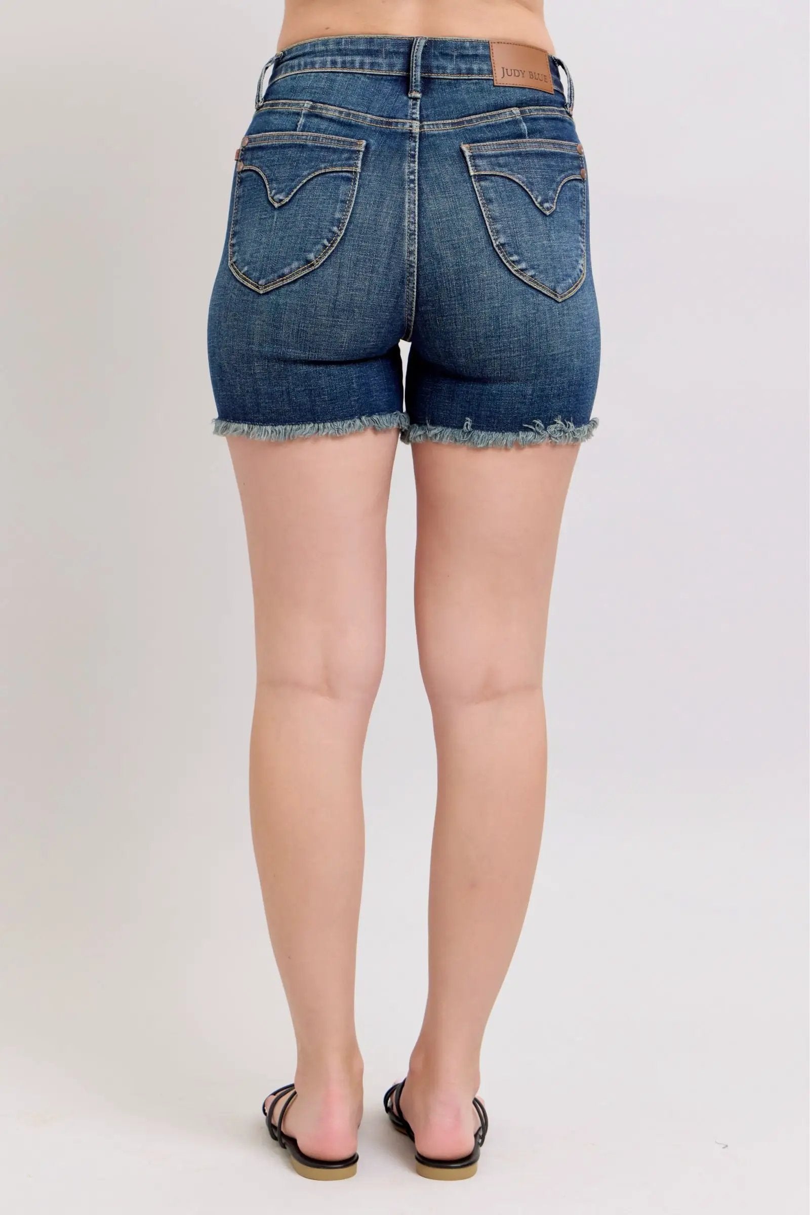 Judy Blue Judy Blue High Waist Tummy Control Fray Hem & Shield Back Pocket Denim Shorts - Shorts Judy Blue High Waist Tummy Control Fray Hem & Shield Back Pocket Denim Shorts