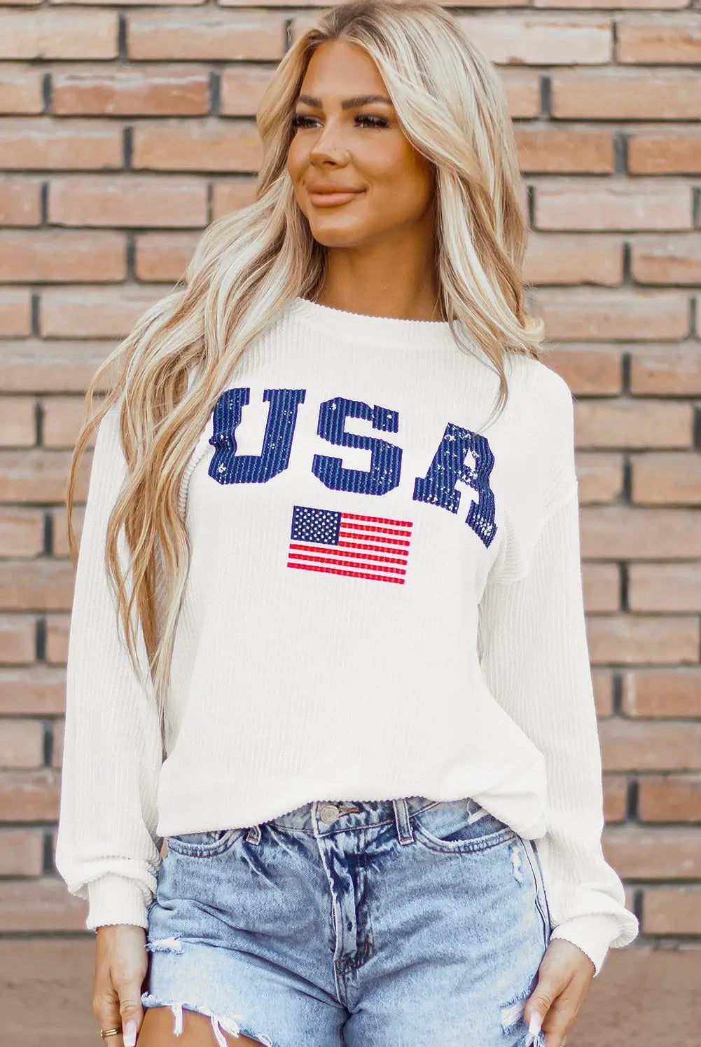 Grateful Threads Boutique White USA Flag Corded Graphic Top - Sweatshirts USA Sweatshirt