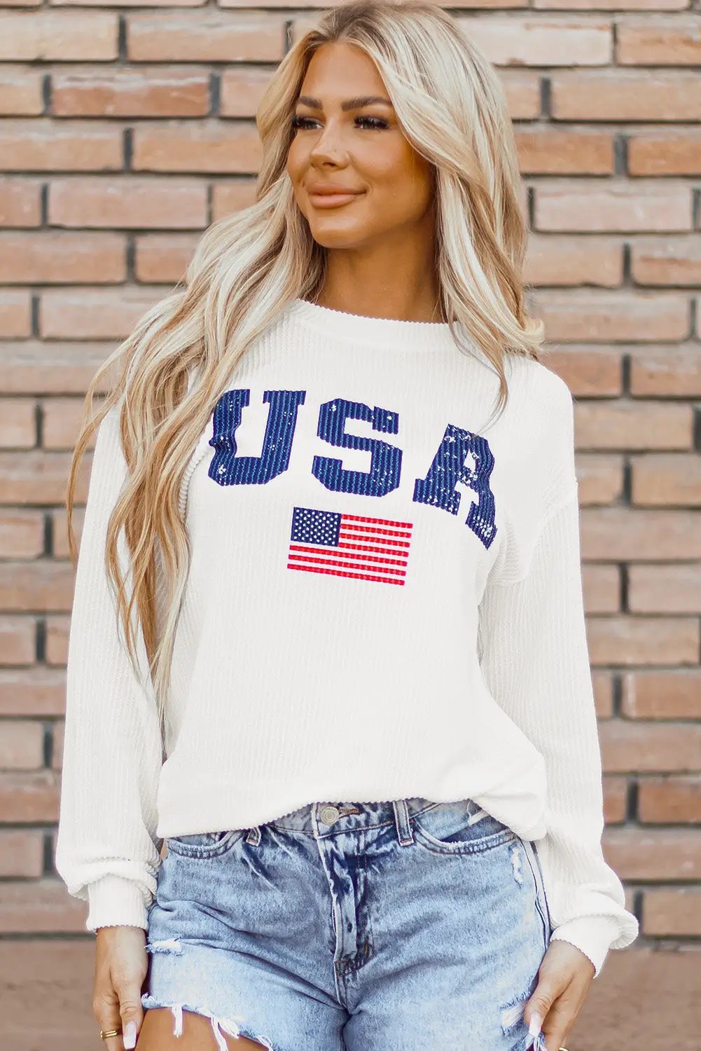 Grateful Threads Boutique White USA Flag Corded Graphic Top - Sweatshirts USA Sweatshirt