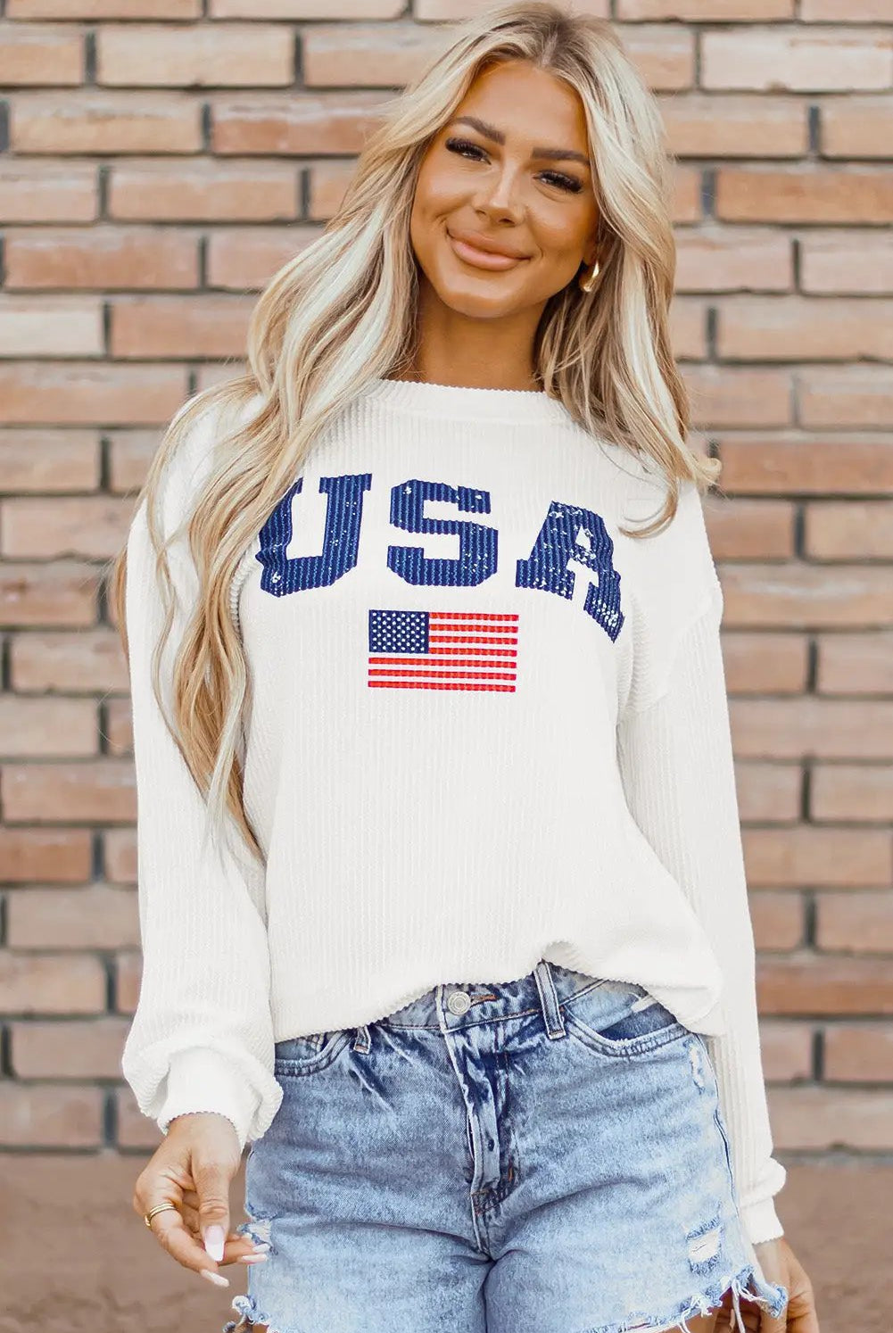 Grateful Threads Boutique White USA Flag Corded Graphic Top - Sweatshirts USA Sweatshirt