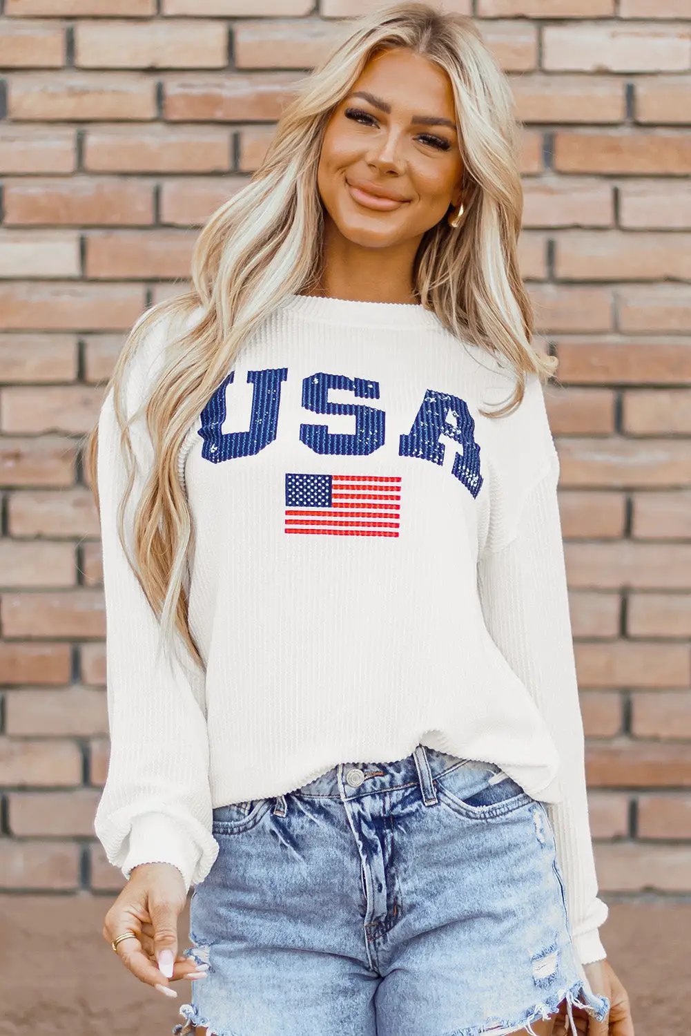 Grateful Threads Boutique White USA Flag Corded Graphic Top - Sweatshirts USA Sweatshirt