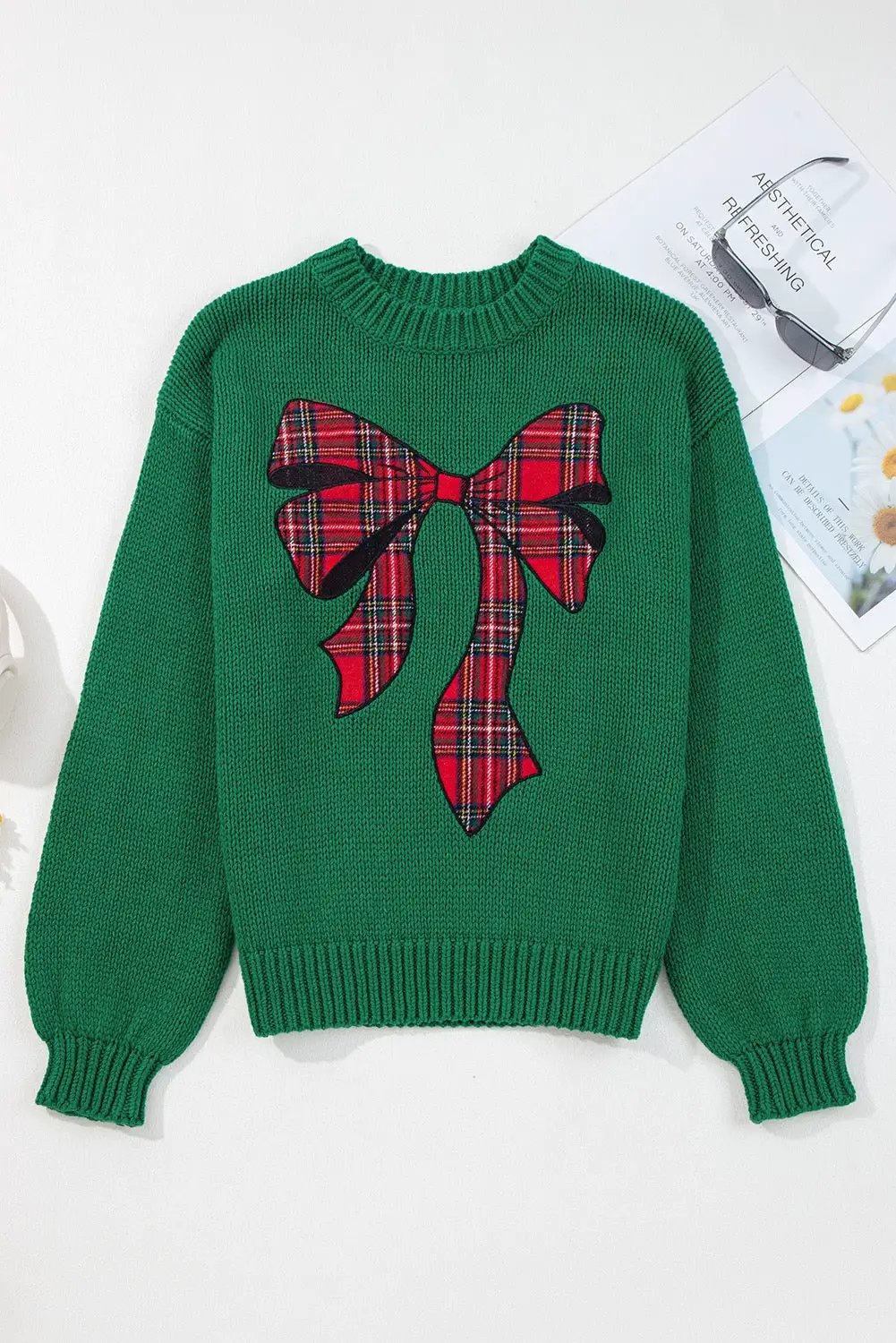 Grateful Threads Boutique Evergreen Plaid Bow Holiday Sweater - Sweaters Evergreen Plaid Bow Graphic Christmas Sweater
