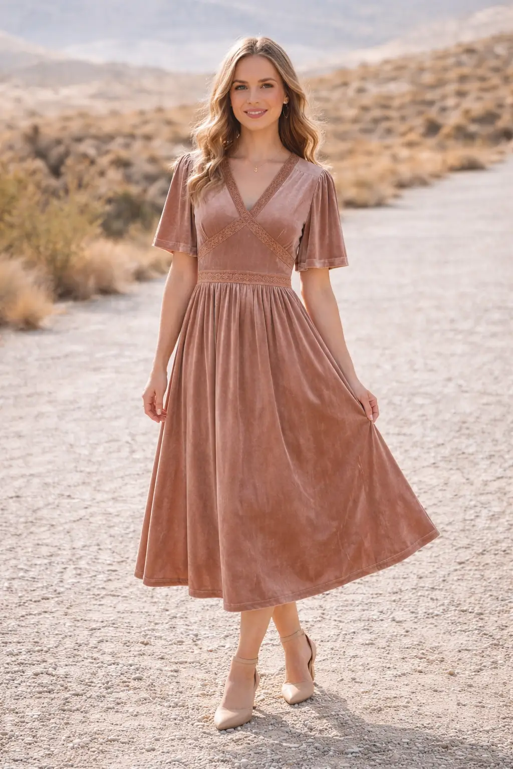 Grateful Threads Boutique Dusty Taupe Rose Velvet Lacy Empire Waist Midi Dress - Dresses