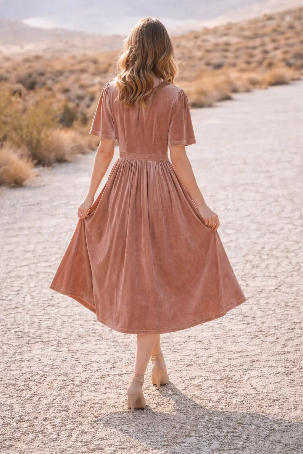 Grateful Threads Boutique Dusty Taupe Rose Velvet Lacy Empire Waist Midi Dress - Dresses