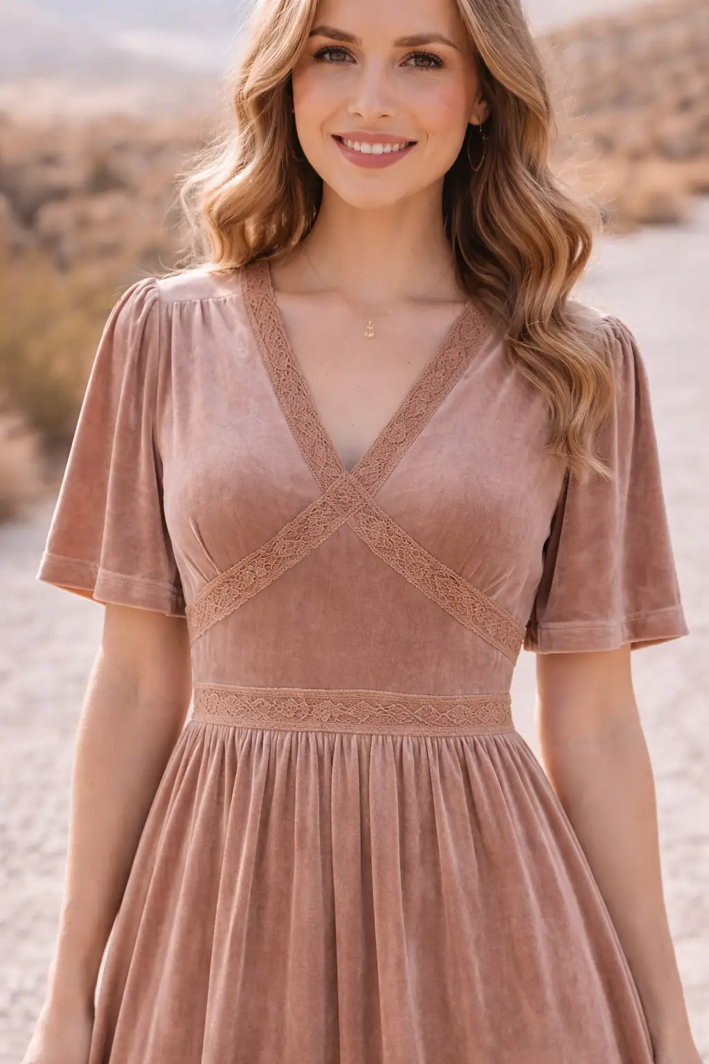 Grateful Threads Boutique Dusty Taupe Rose Velvet Lacy Empire Waist Midi Dress - Dresses
