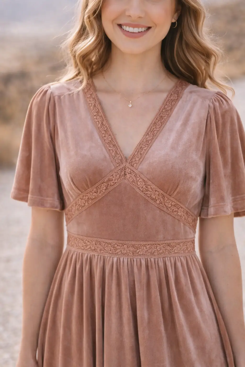 Grateful Threads Boutique Dusty Taupe Rose Velvet Lacy Empire Waist Midi Dress - Dresses