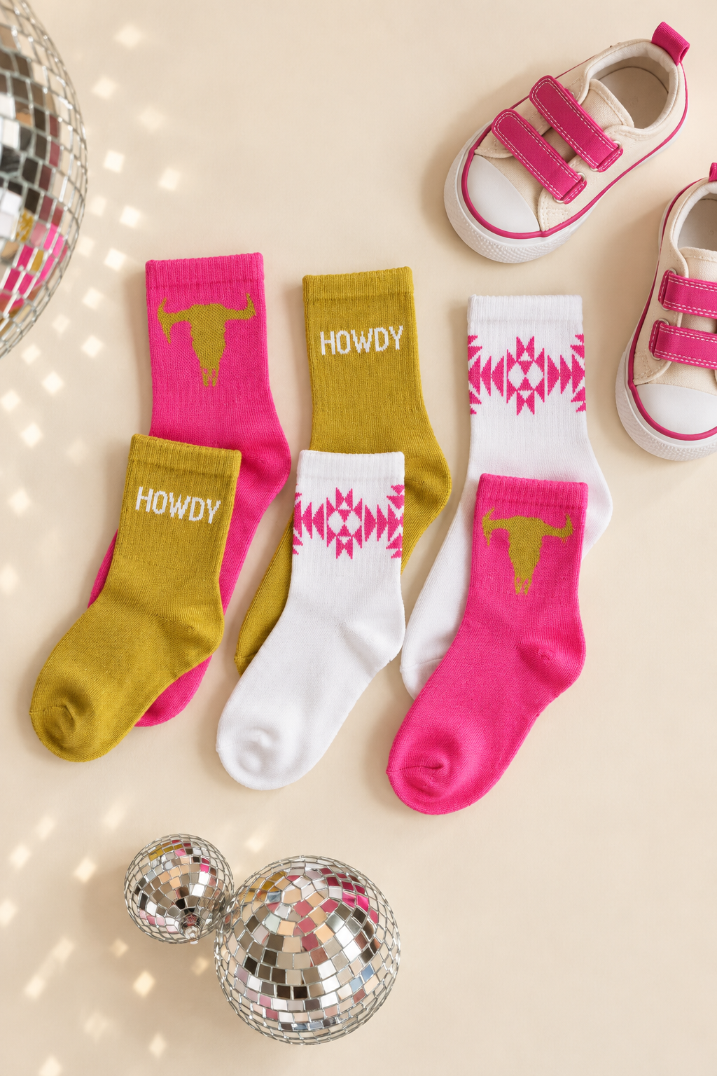 Sock Em Silly Skull Agave Sock Set: KIDS by 2 Fly Co, colorful pink, mustard and white socks.