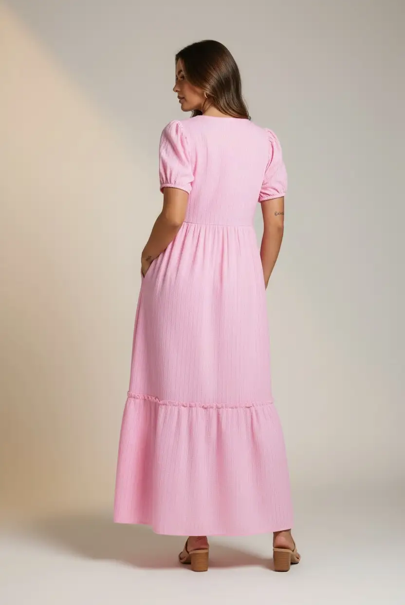 Grateful Threads Boutique The Blush Daydream Stripe Maxi Dress - Dresses Pink Stripe V Neck Puff Short Sleeve Maxi Dress