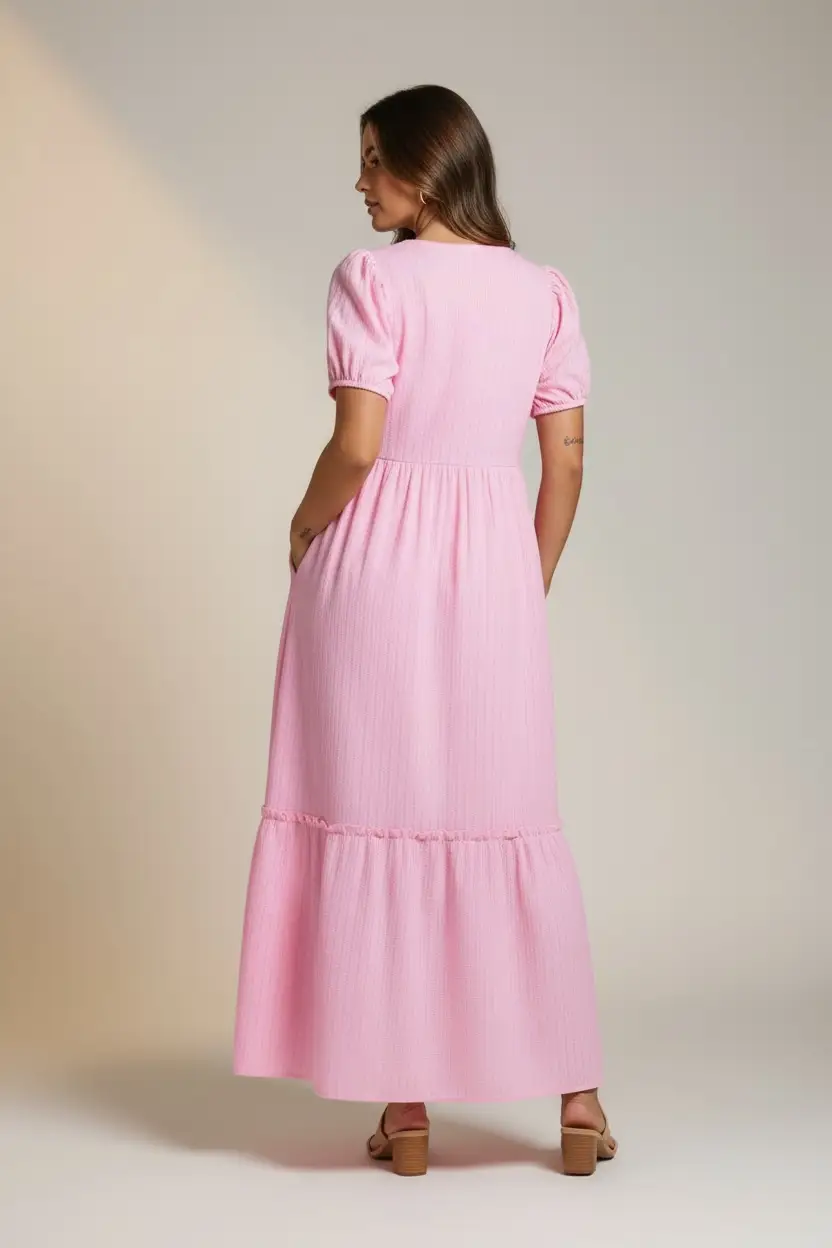 Grateful Threads Boutique The Blush Daydream Stripe Maxi Dress - Dresses Pink Stripe V Neck Puff Short Sleeve Maxi Dress