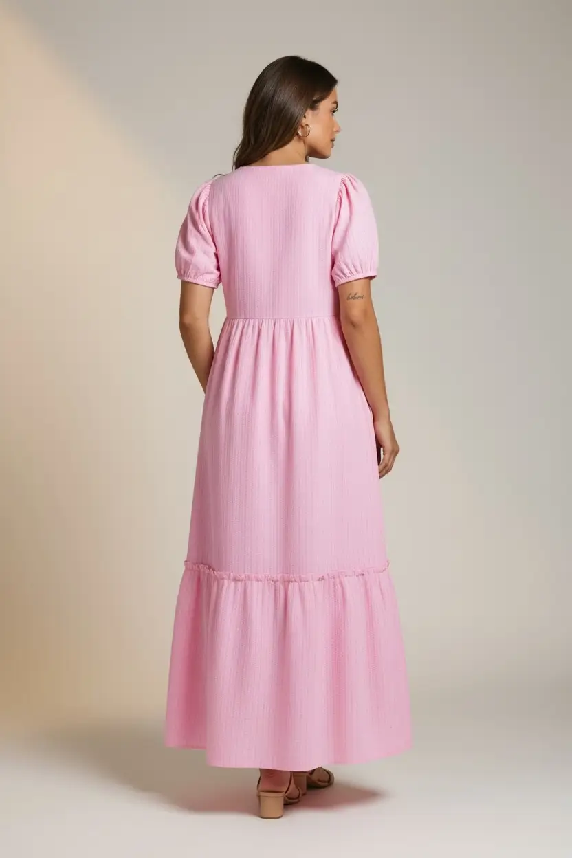 Grateful Threads Boutique The Blush Daydream Stripe Maxi Dress - Dresses Pink Stripe V Neck Puff Short Sleeve Maxi Dress
