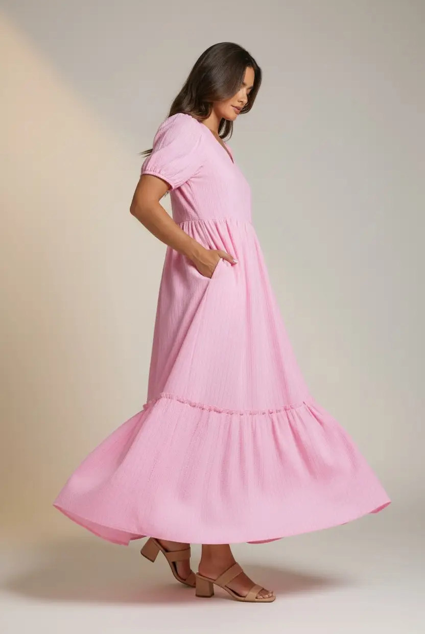 Grateful Threads Boutique The Blush Daydream Stripe Maxi Dress - Dresses Pink Stripe V Neck Puff Short Sleeve Maxi Dress